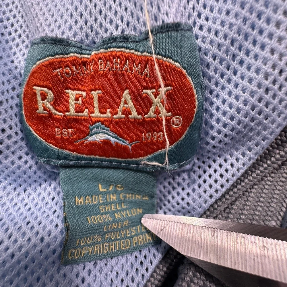 Tommy Bahama Relax Mens Large Swim Trunks Grey Navy Palm Tree Nylon Mesh Lined‎